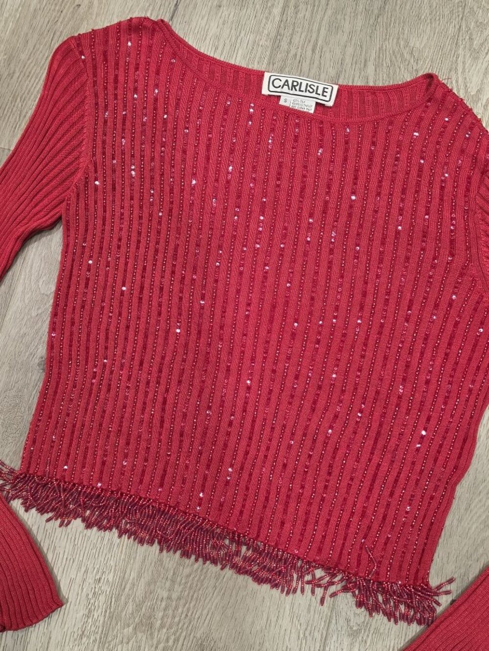 Carlisle Red Sequin Fringe Hem 100% Silk Sweater Top Small Christmas holiday